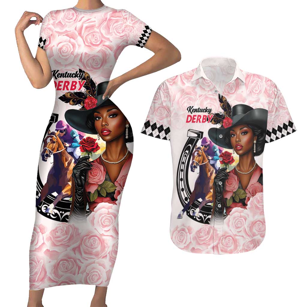 Kentucky Horse Racing Couples Matching Short Sleeve Bodycon Dress and Hawaiian Shirt Black Derby Lady Pink Roses