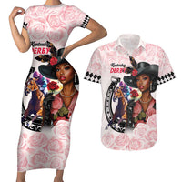Kentucky Horse Racing Couples Matching Short Sleeve Bodycon Dress and Hawaiian Shirt Black Derby Lady Pink Roses