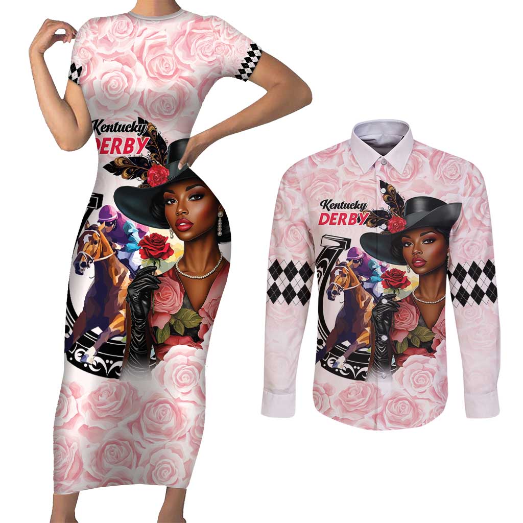 Kentucky Horse Racing Couples Matching Short Sleeve Bodycon Dress and Long Sleeve Button Shirt Black Derby Lady Pink Roses