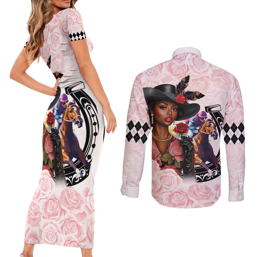 Kentucky Horse Racing Couples Matching Short Sleeve Bodycon Dress and Long Sleeve Button Shirt Black Derby Lady Pink Roses