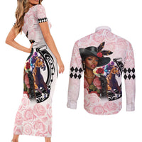 Kentucky Horse Racing Couples Matching Short Sleeve Bodycon Dress and Long Sleeve Button Shirt Black Derby Lady Pink Roses