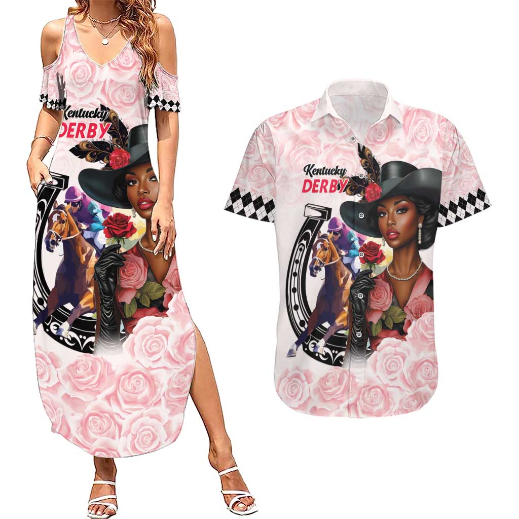 Kentucky Horse Racing Couples Matching Summer Maxi Dress and Hawaiian Shirt Black Derby Lady Pink Roses