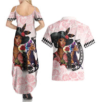 Kentucky Horse Racing Couples Matching Summer Maxi Dress and Hawaiian Shirt Black Derby Lady Pink Roses
