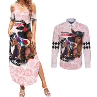 Kentucky Horse Racing Couples Matching Summer Maxi Dress and Long Sleeve Button Shirt Black Derby Lady Pink Roses
