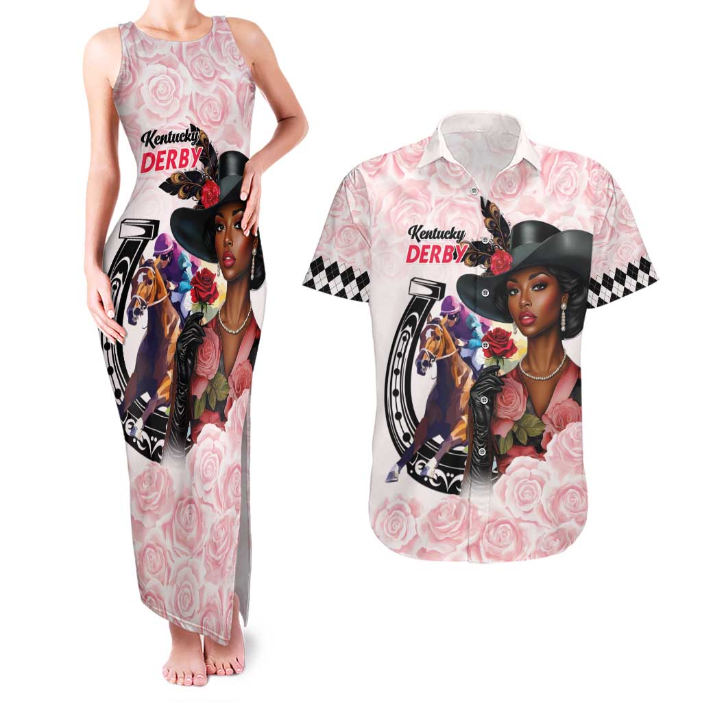Kentucky Horse Racing Couples Matching Tank Maxi Dress and Hawaiian Shirt Black Derby Lady Pink Roses