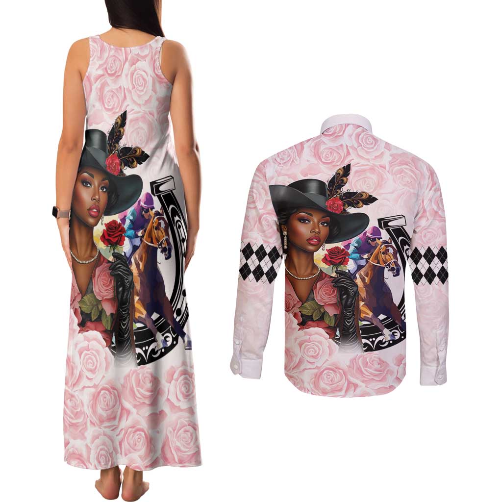 Kentucky Horse Racing Couples Matching Tank Maxi Dress and Long Sleeve Button Shirt Black Derby Lady Pink Roses
