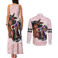 Kentucky Horse Racing Couples Matching Tank Maxi Dress and Long Sleeve Button Shirt Black Derby Lady Pink Roses