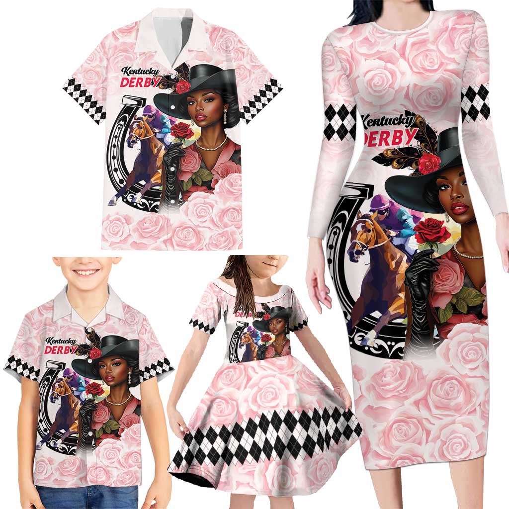 Kentucky Horse Racing Family Matching Long Sleeve Bodycon Dress and Hawaiian Shirt Black Derby Lady Pink Roses