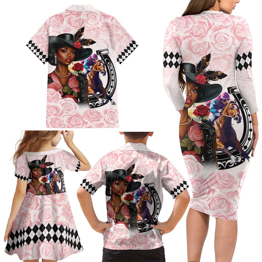 Kentucky Horse Racing Family Matching Long Sleeve Bodycon Dress and Hawaiian Shirt Black Derby Lady Pink Roses
