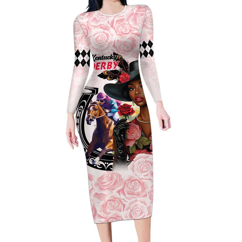 Kentucky Horse Racing Family Matching Long Sleeve Bodycon Dress and Hawaiian Shirt Black Derby Lady Pink Roses
