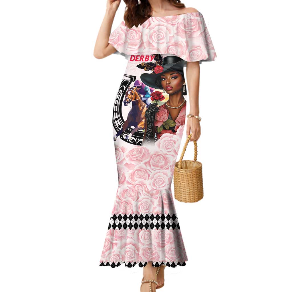 Kentucky Horse Racing Family Matching Mermaid Dress and Hawaiian Shirt Black Derby Lady Pink Roses