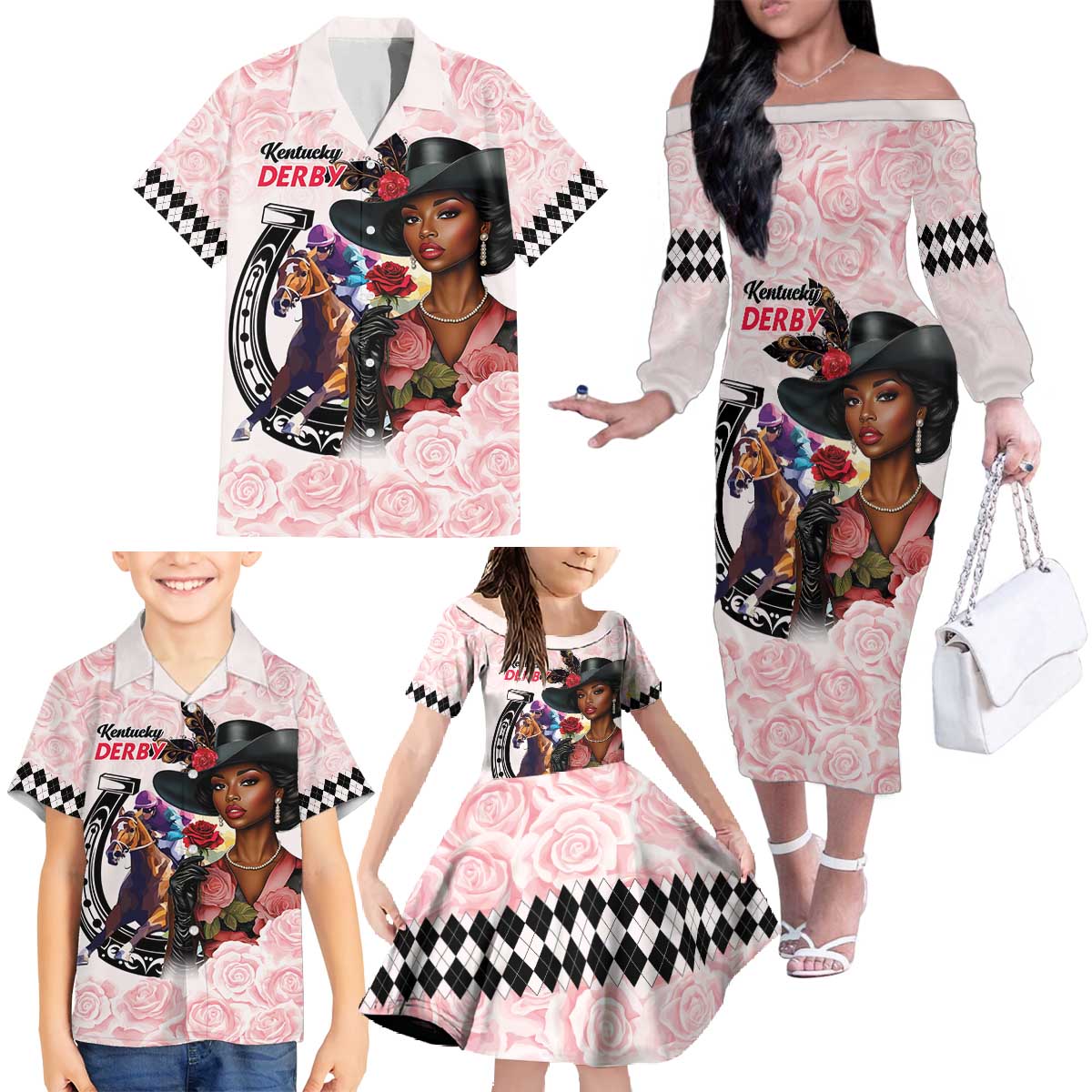 Kentucky Horse Racing Family Matching Off The Shoulder Long Sleeve Dress and Hawaiian Shirt Black Derby Lady Pink Roses