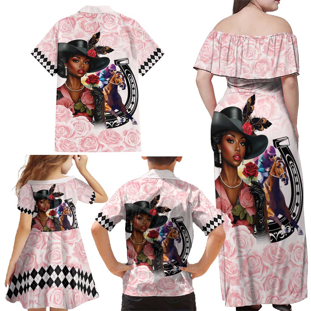 Kentucky Horse Racing Family Matching Off Shoulder Maxi Dress and Hawaiian Shirt Black Derby Lady Pink Roses