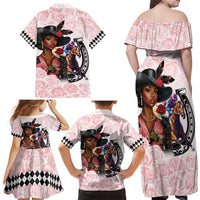 Kentucky Horse Racing Family Matching Off Shoulder Maxi Dress and Hawaiian Shirt Black Derby Lady Pink Roses
