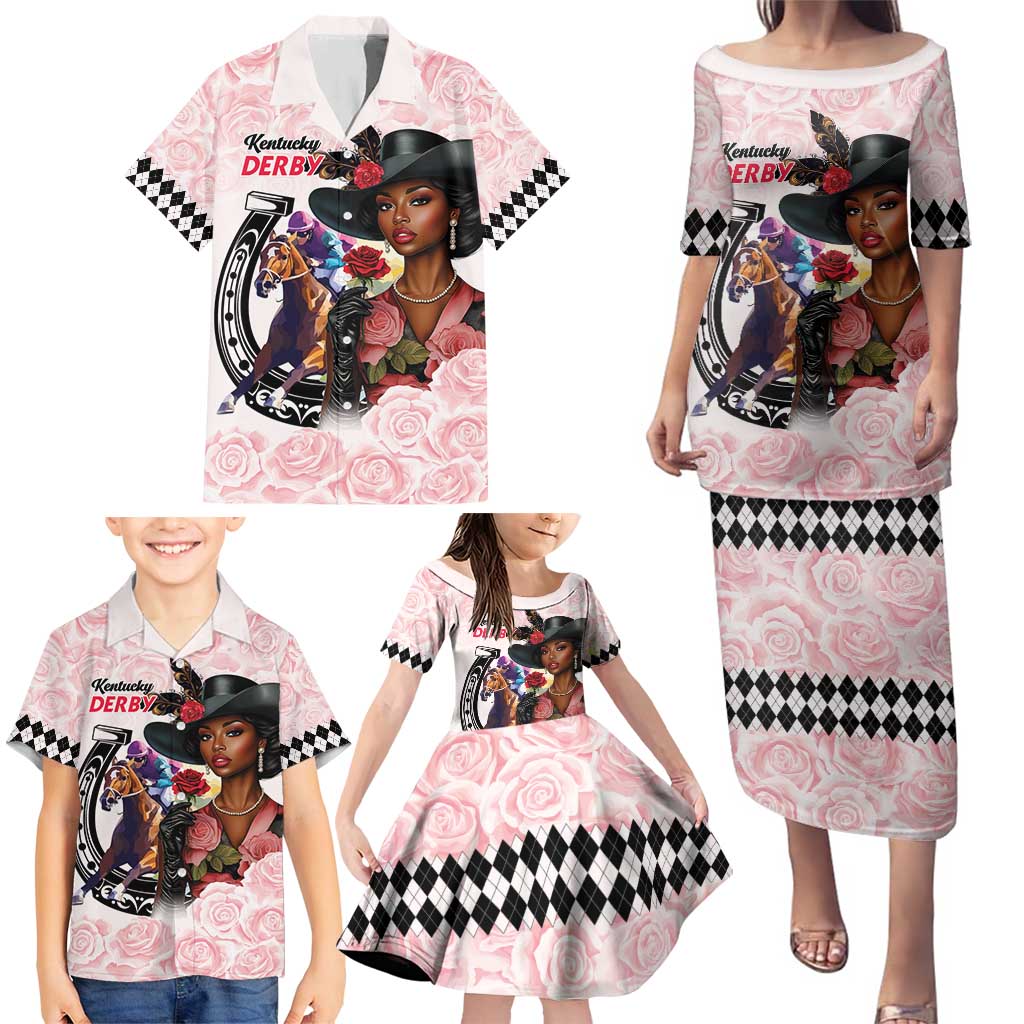 Kentucky Horse Racing Family Matching Puletasi and Hawaiian Shirt Black Derby Lady Pink Roses