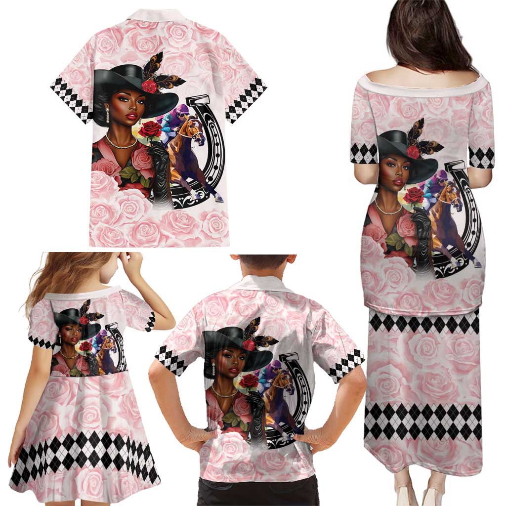 Kentucky Horse Racing Family Matching Puletasi and Hawaiian Shirt Black Derby Lady Pink Roses