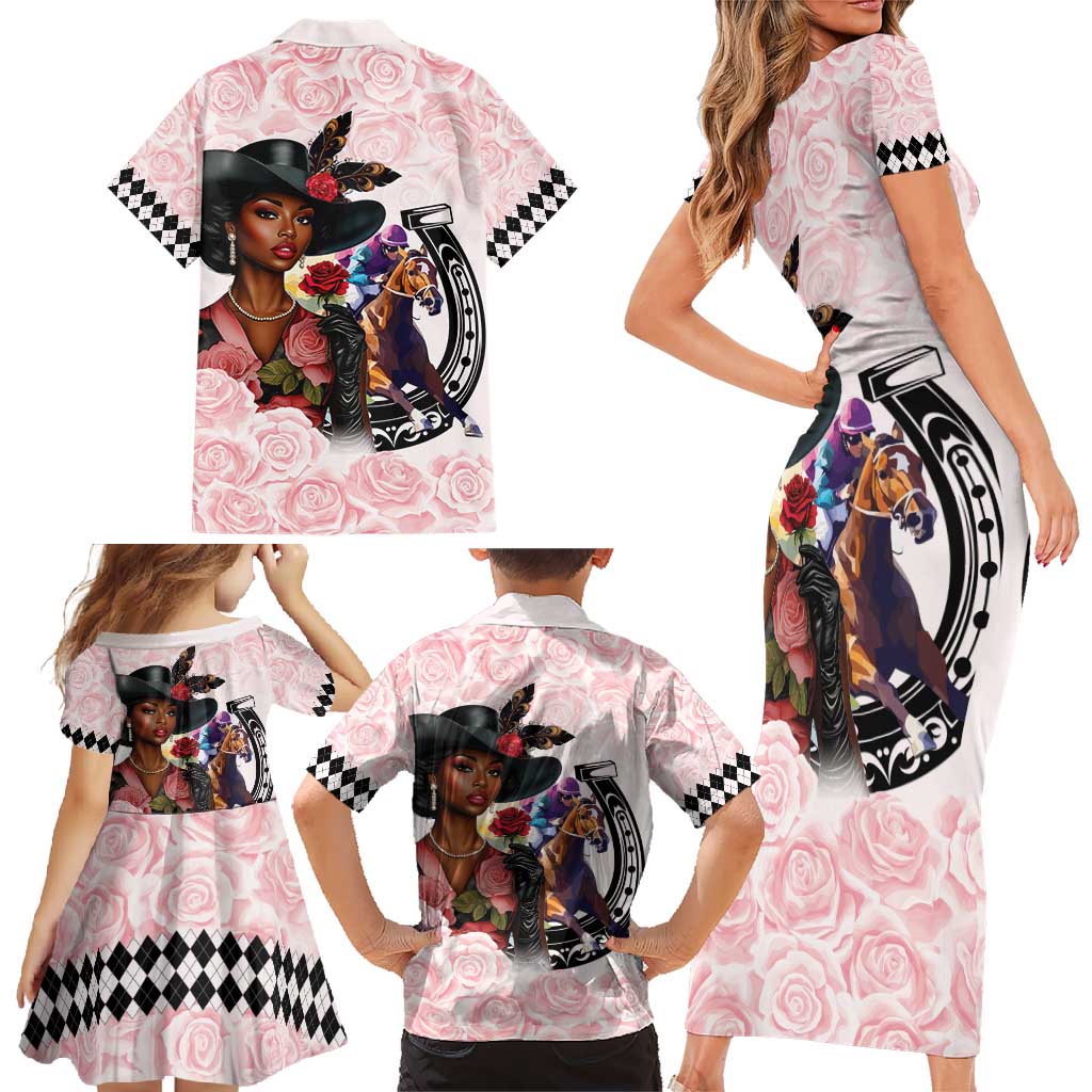 Kentucky Horse Racing Family Matching Short Sleeve Bodycon Dress and Hawaiian Shirt Black Derby Lady Pink Roses
