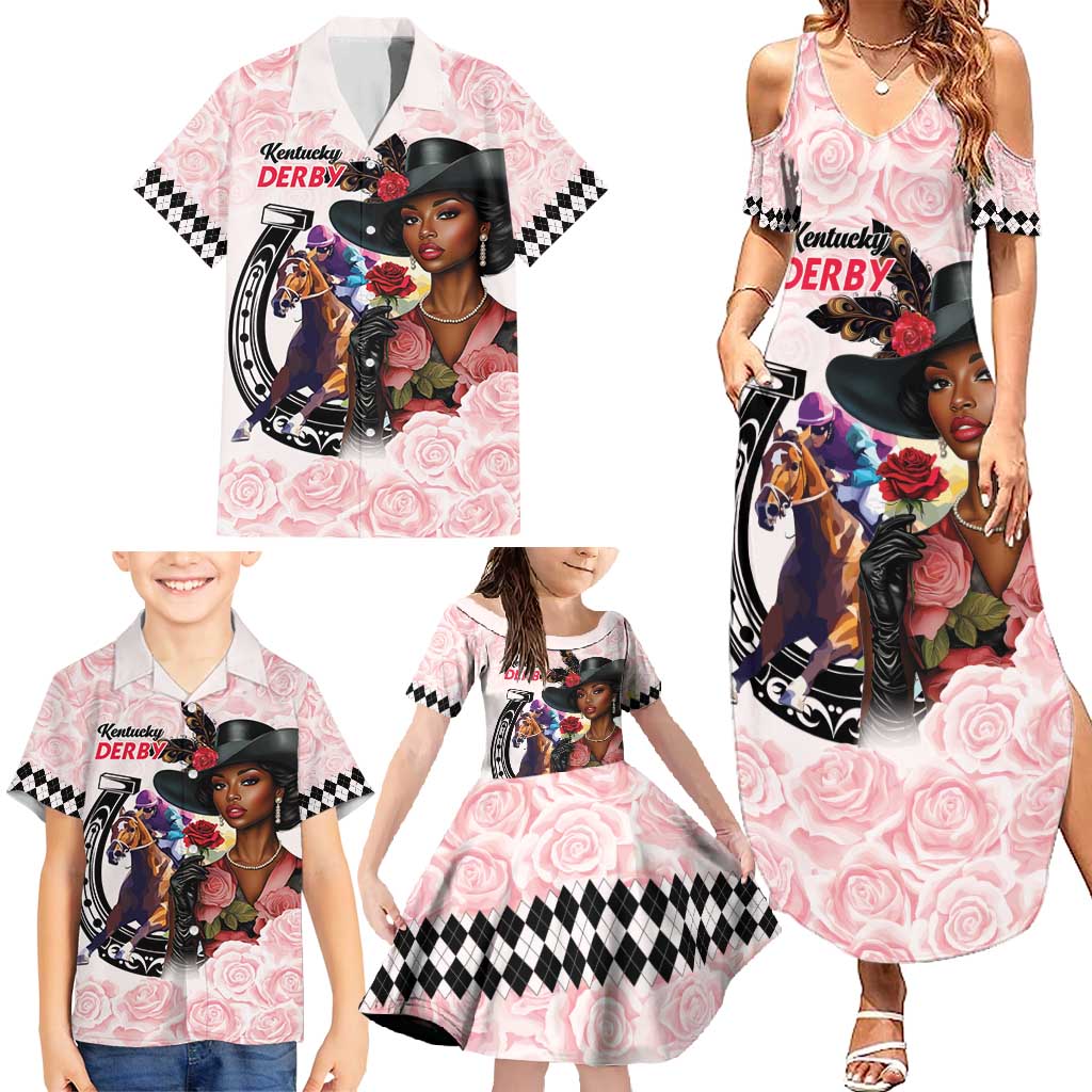 Kentucky Horse Racing Family Matching Summer Maxi Dress and Hawaiian Shirt Black Derby Lady Pink Roses