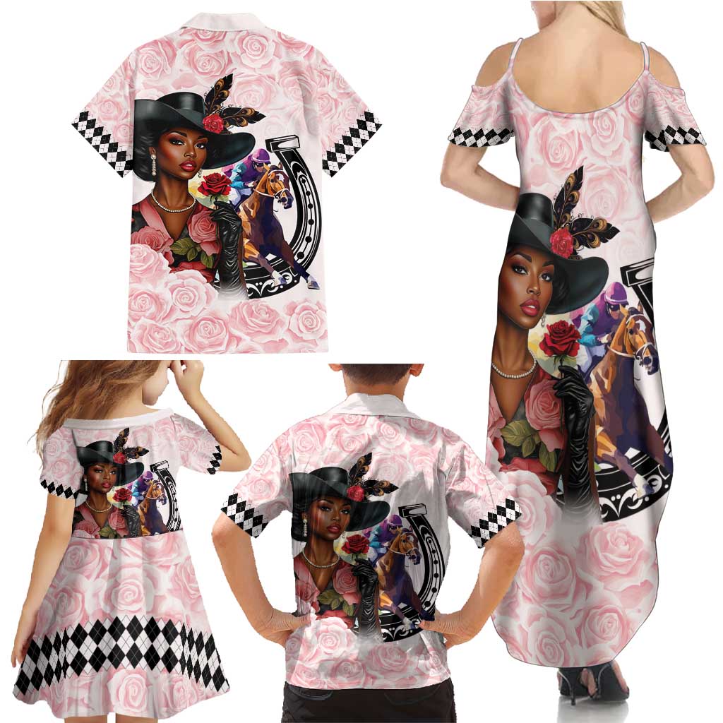 Kentucky Horse Racing Family Matching Summer Maxi Dress and Hawaiian Shirt Black Derby Lady Pink Roses