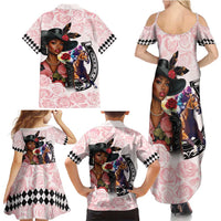 Kentucky Horse Racing Family Matching Summer Maxi Dress and Hawaiian Shirt Black Derby Lady Pink Roses
