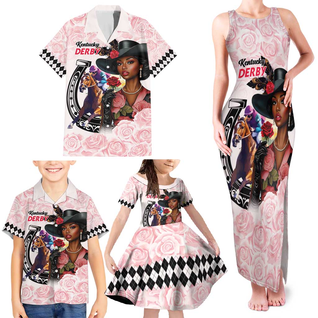 Kentucky Horse Racing Family Matching Tank Maxi Dress and Hawaiian Shirt Black Derby Lady Pink Roses