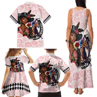 Kentucky Horse Racing Family Matching Tank Maxi Dress and Hawaiian Shirt Black Derby Lady Pink Roses