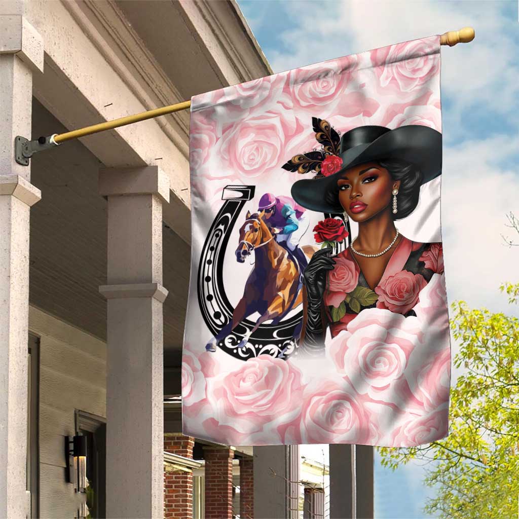 Kentucky Horse Racing Garden Flag Black Derby Lady Pink Roses