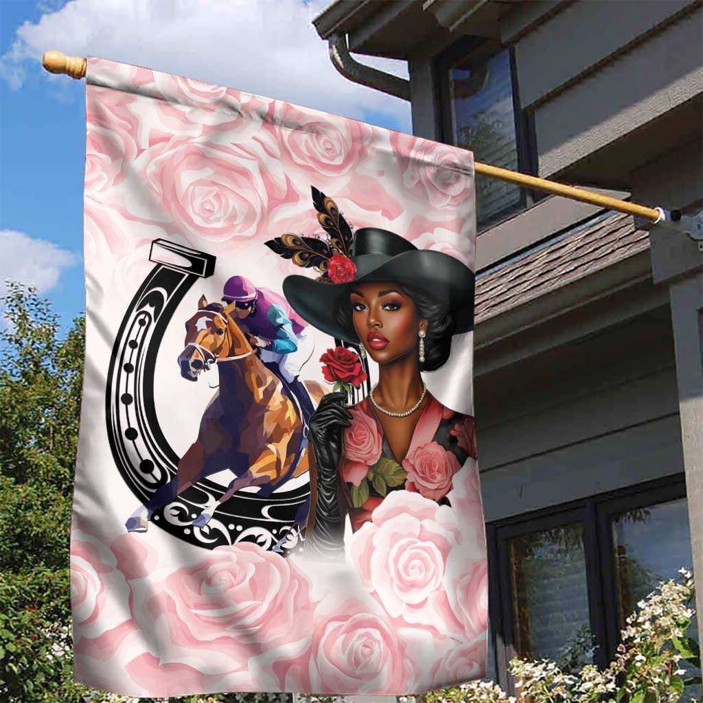 Kentucky Horse Racing Garden Flag Black Derby Lady Pink Roses