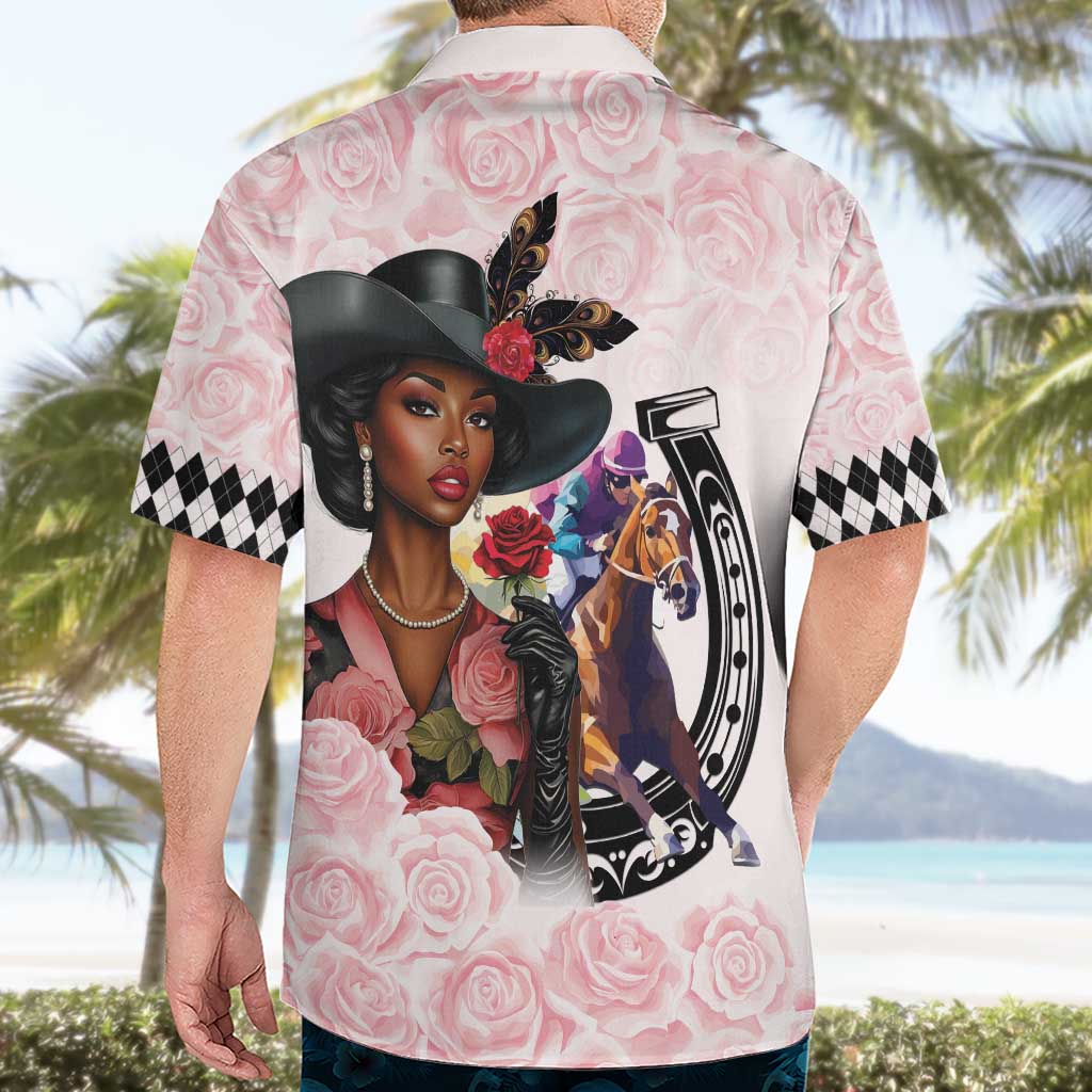 Kentucky Horse Racing Hawaiian Shirt Black Derby Lady Pink Roses