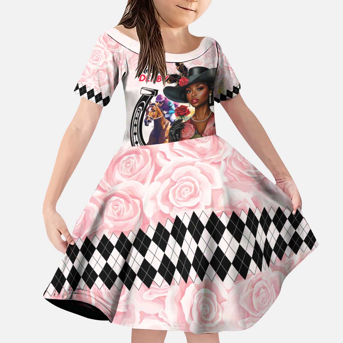 Kentucky Horse Racing Kid Short Sleeve Dress Black Derby Lady Pink Roses
