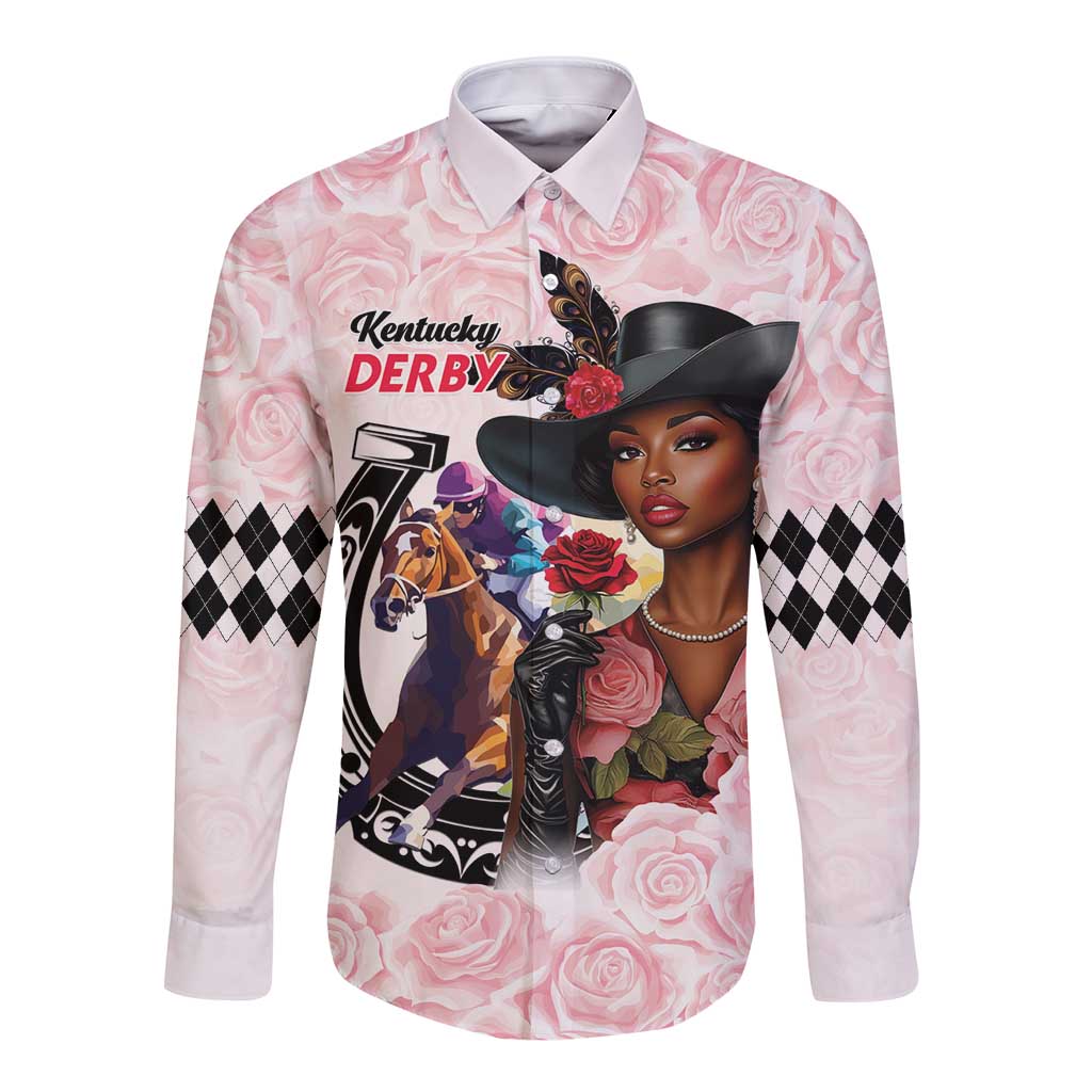 Kentucky Horse Racing Long Sleeve Button Shirt Black Derby Lady Pink Roses