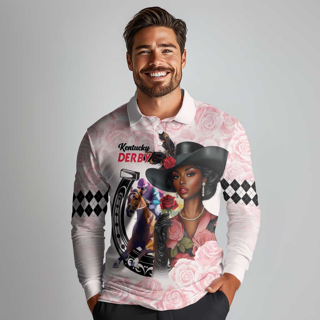 Kentucky Horse Racing Long Sleeve Polo Shirt Black Derby Lady Pink Roses