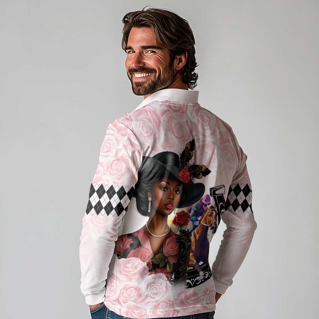 Kentucky Horse Racing Long Sleeve Polo Shirt Black Derby Lady Pink Roses