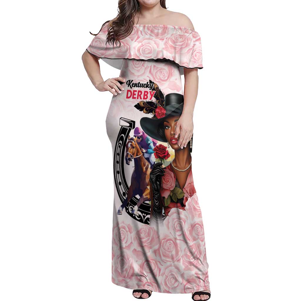 Kentucky Horse Racing Off Shoulder Maxi Dress Black Derby Lady Pink Roses