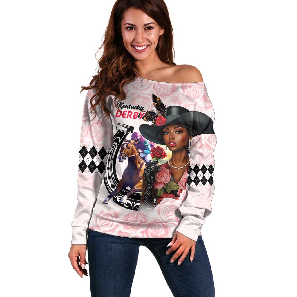 Kentucky Horse Racing Off Shoulder Sweater Black Derby Lady Pink Roses
