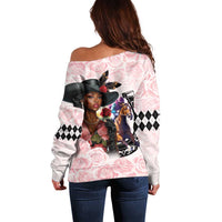 Kentucky Horse Racing Off Shoulder Sweater Black Derby Lady Pink Roses
