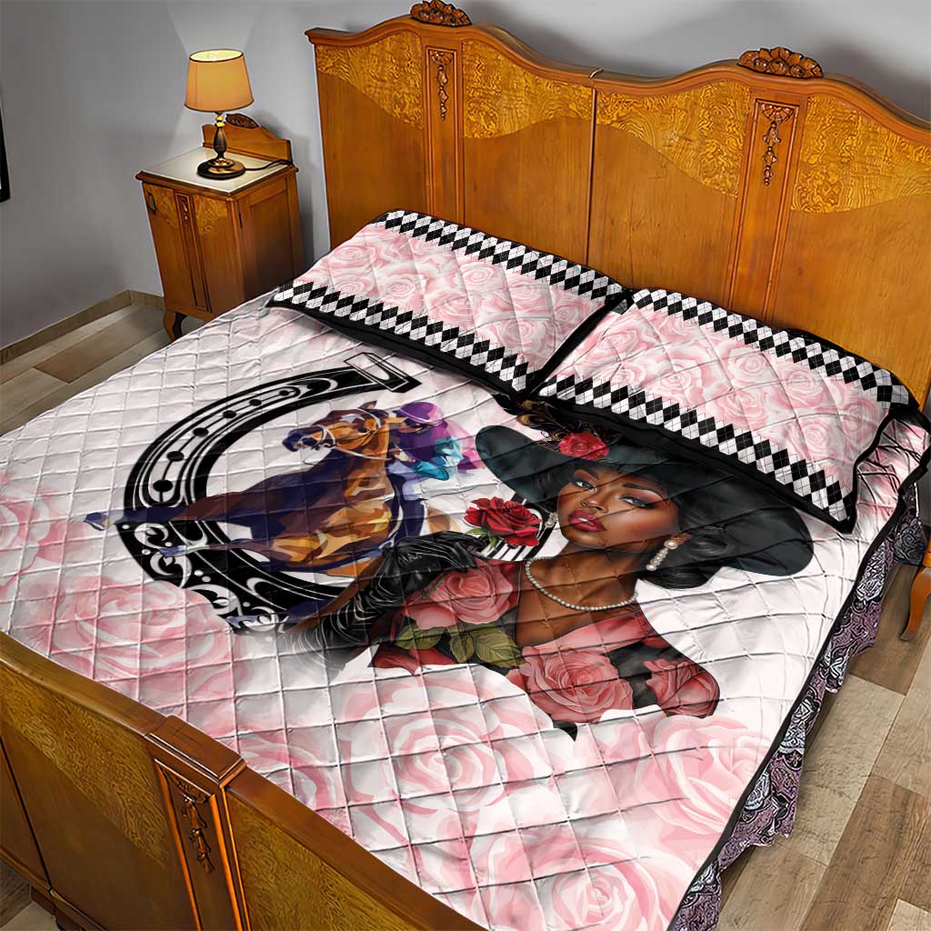 Kentucky Horse Racing Quilt Bed Set Black Derby Lady Pink Roses