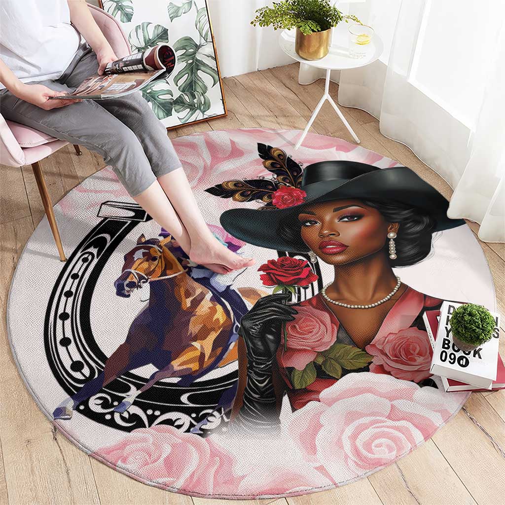 Kentucky Horse Racing Round Carpet Black Derby Lady Pink Roses