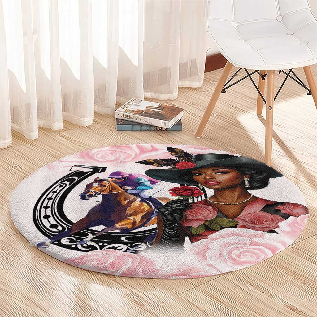Kentucky Horse Racing Round Carpet Black Derby Lady Pink Roses