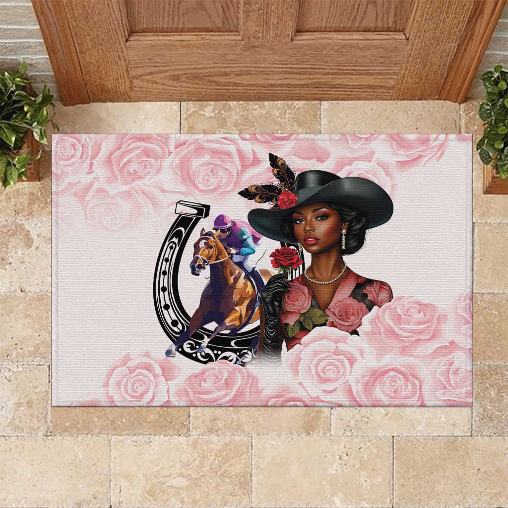 Kentucky Horse Racing Rubber Doormat Black Derby Lady Pink Roses