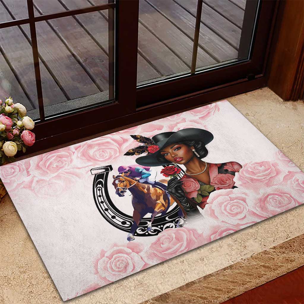 Kentucky Horse Racing Rubber Doormat Black Derby Lady Pink Roses