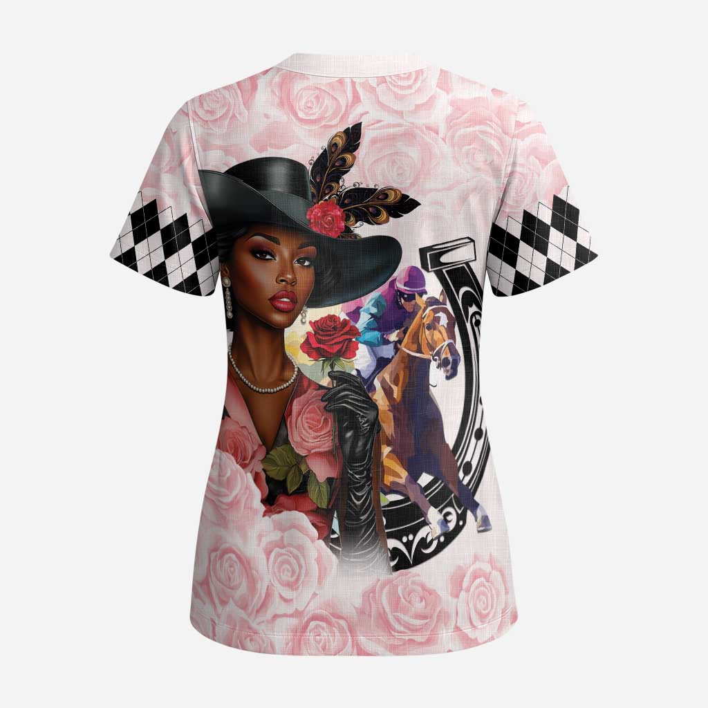 Kentucky Horse Racing Scrub Top Black Derby Lady Pink Roses - Wonder Print Shop