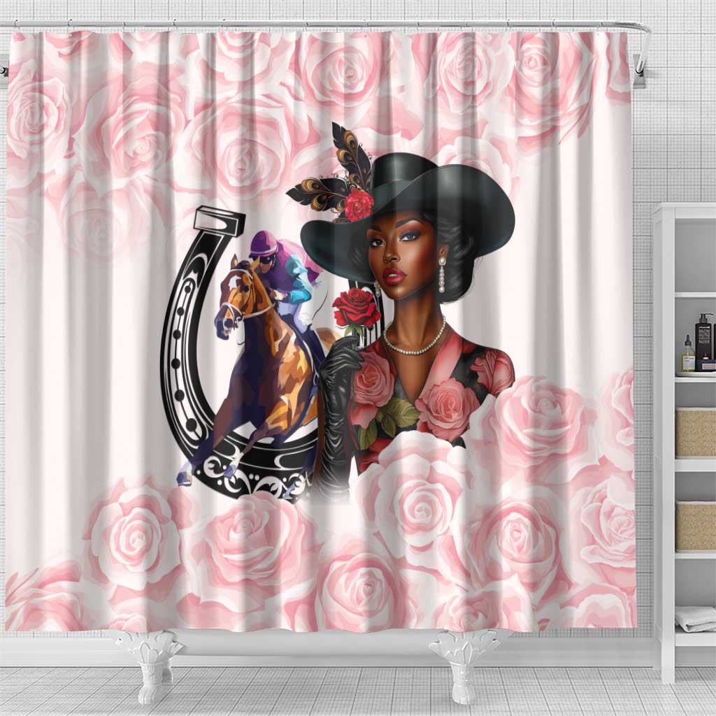 Kentucky Horse Racing Shower Curtain Black Derby Lady Pink Roses
