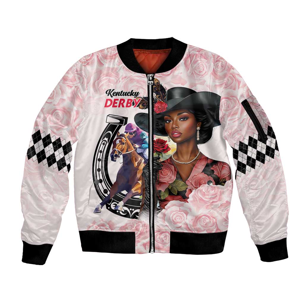 Kentucky Horse Racing Sleeve Zip Bomber Jacket Black Derby Lady Pink Roses