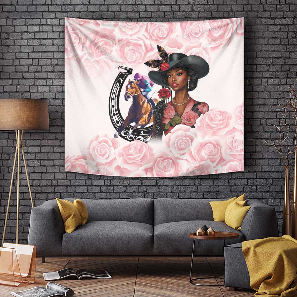 Kentucky Horse Racing Tapestry Black Derby Lady Pink Roses