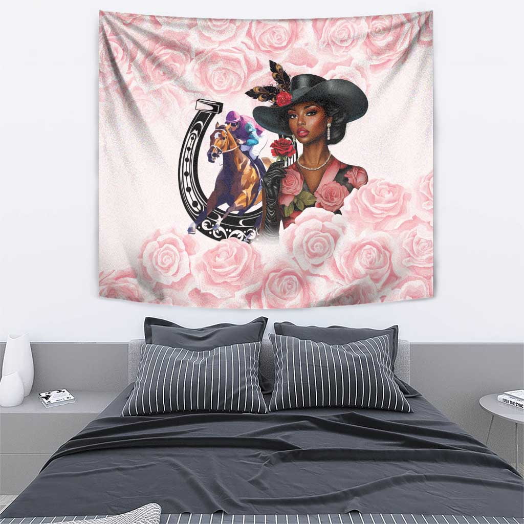 Kentucky Horse Racing Tapestry Black Derby Lady Pink Roses