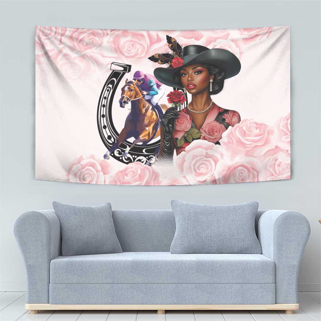 Kentucky Horse Racing Tapestry Black Derby Lady Pink Roses