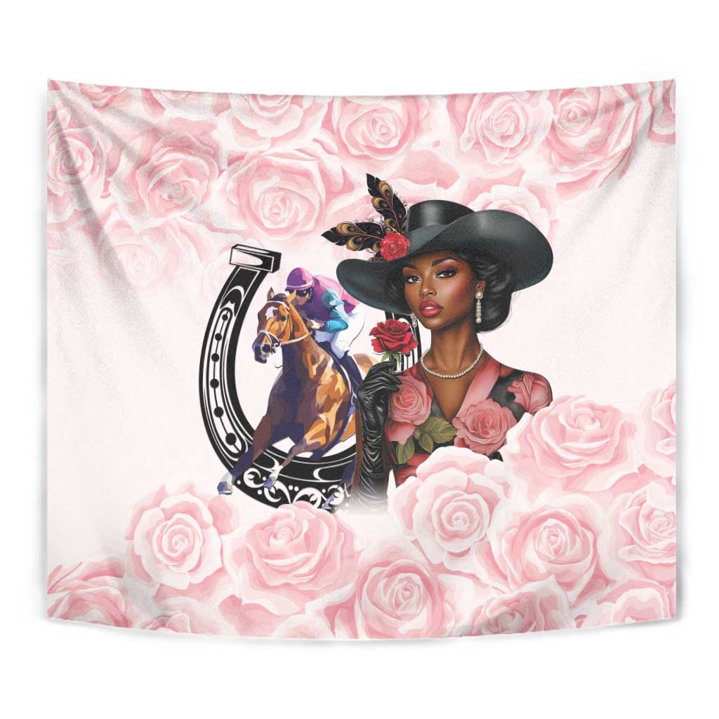 Kentucky Horse Racing Tapestry Black Derby Lady Pink Roses
