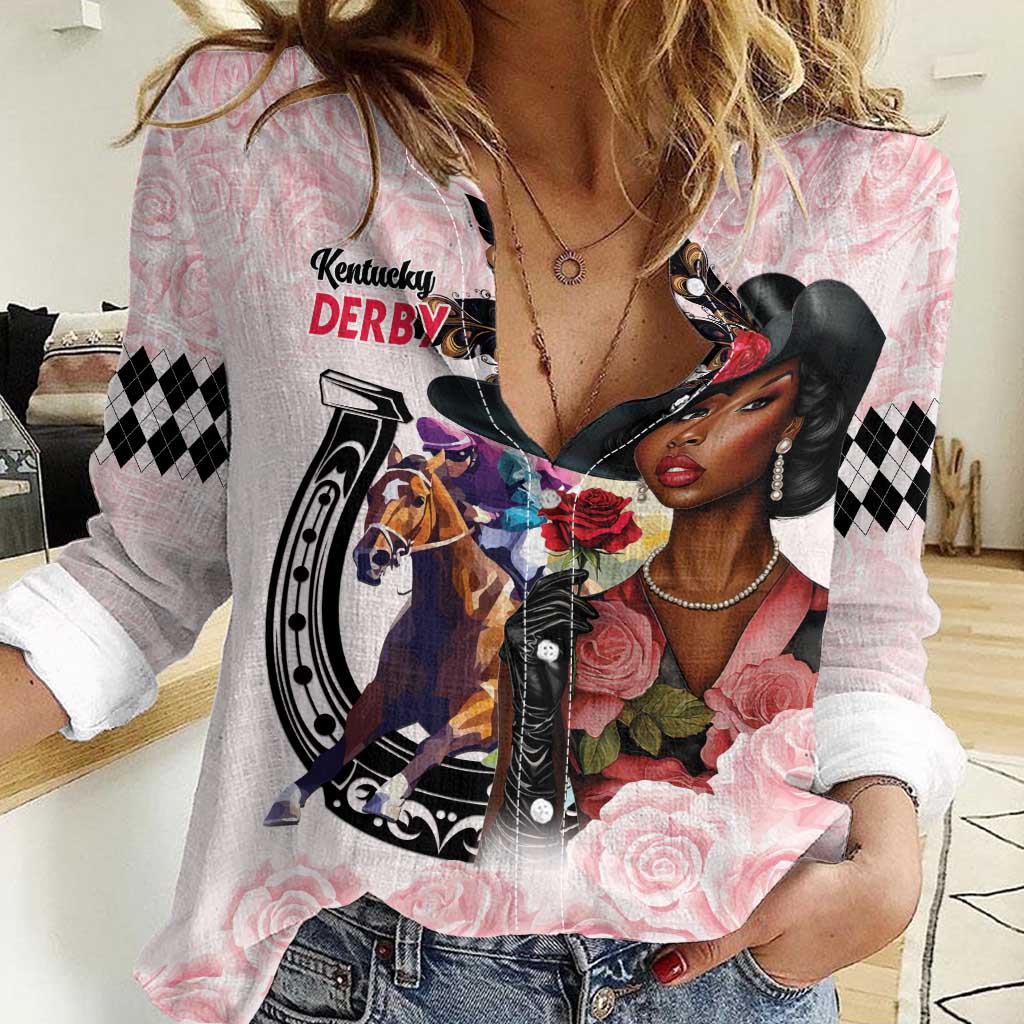 Kentucky Horse Racing Women Casual Shirt Black Derby Lady Pink Roses
