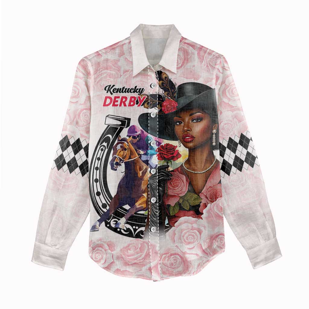 Kentucky Horse Racing Women Casual Shirt Black Derby Lady Pink Roses